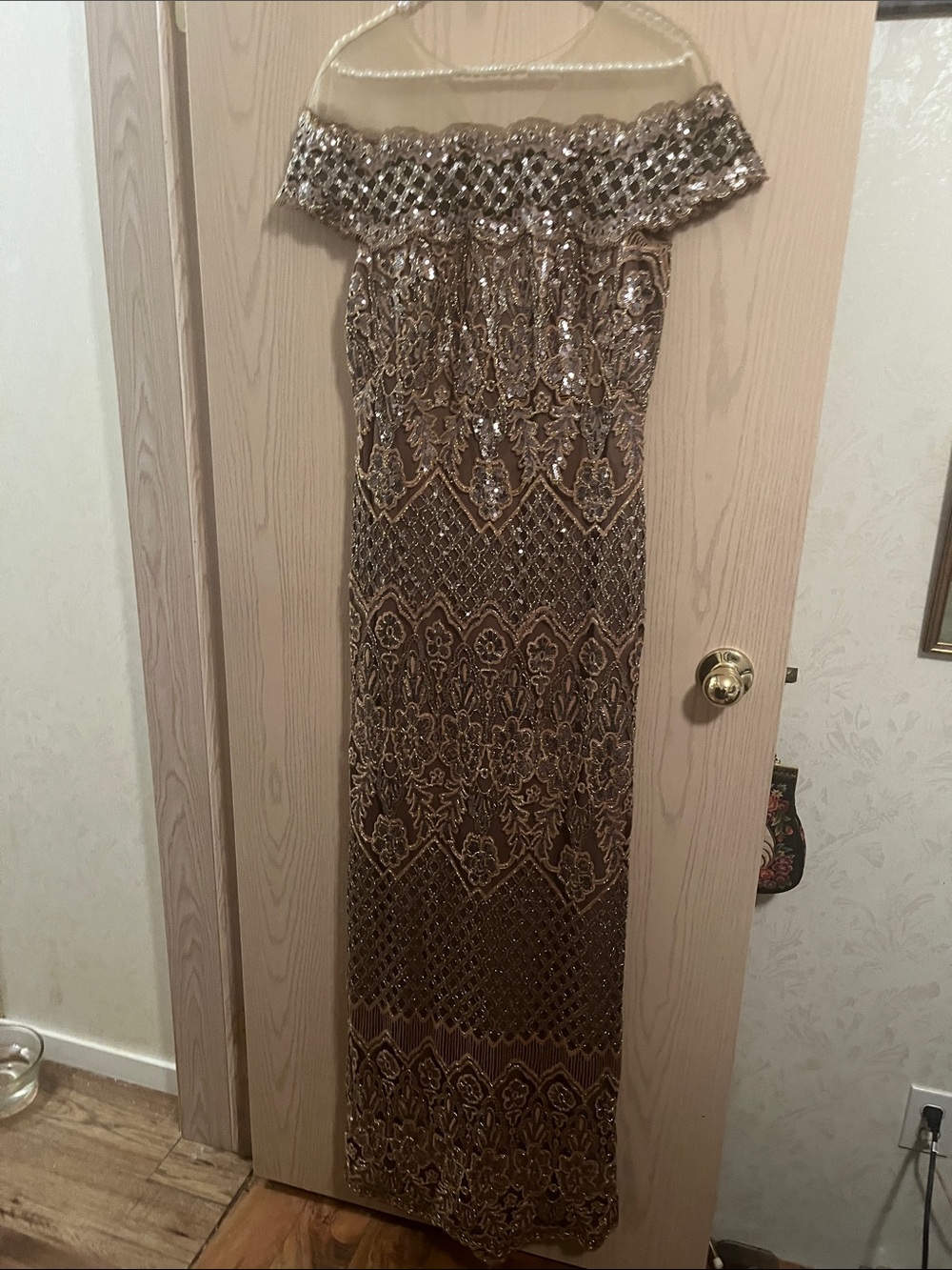 Tadashi Shoji Metallic Gold Off-Shoulder Sequin Maxi Dress